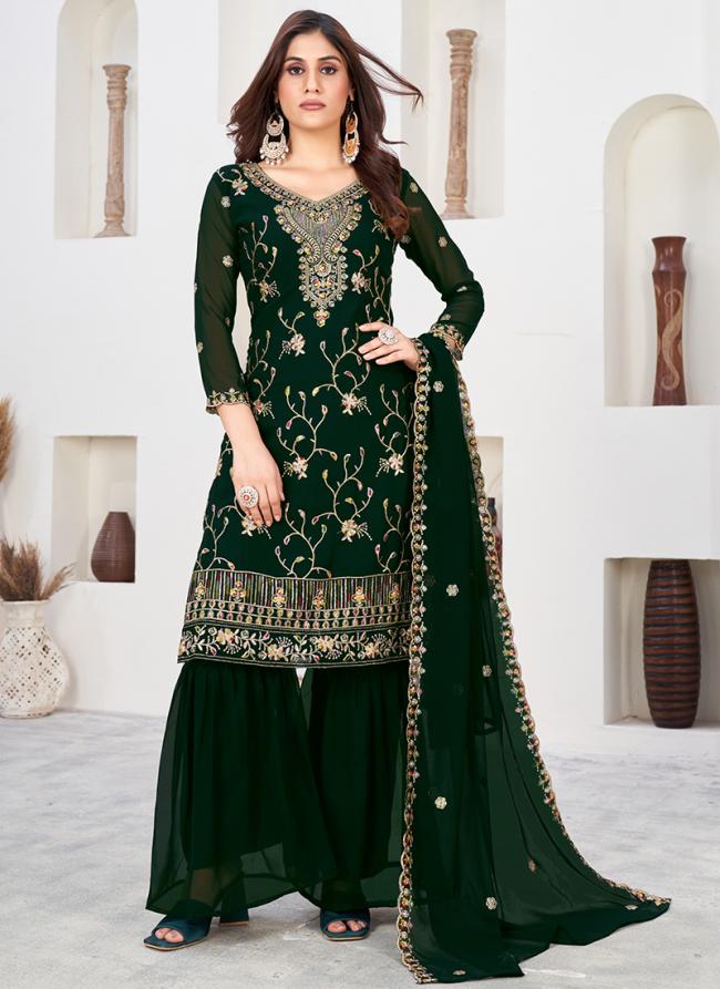 Faux Georgette Green Wedding Wear Embroidery Work Sharara Suit